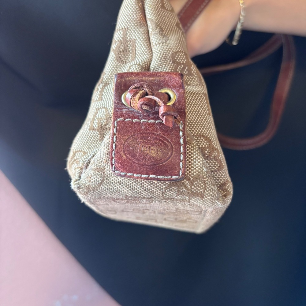 Vtg Dooney & Bourke Monogram Canvas Leather Trim Shoulder Bag Tan Brown Y2K Tote - Picture 12 of 12